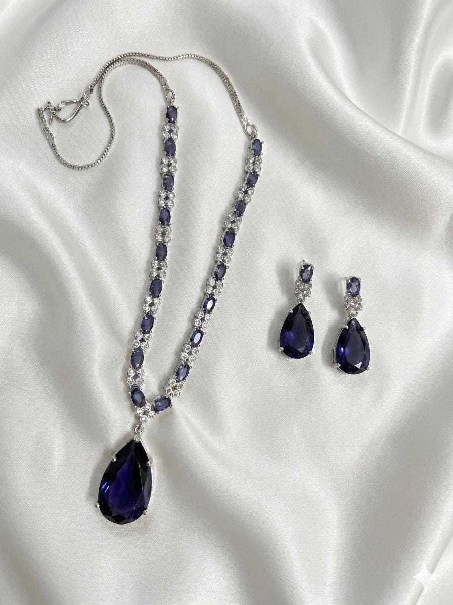 Purpl Crystal Bridal Jewelry Set, Teardrop Necklace and Earrings Set, purple Wedding Jewelry, Bridesmaid Gift, Silver Statement Necklace