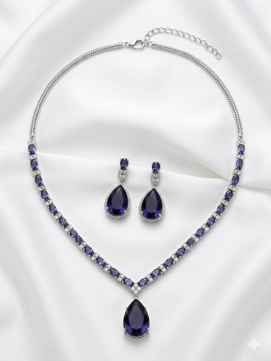 Purpl Crystal Bridal Jewelry Set, Teardrop Necklace and Earrings Set, purple Wedding Jewelry, Bridesmaid Gift, Silver Statement Necklace