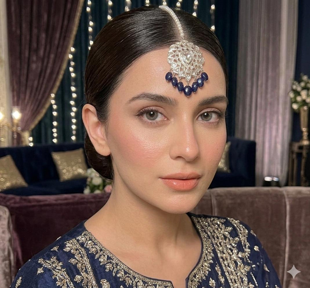 Royal Blue Hyderabadi Jadau Tikka sterling silver plated | Kundan Bridal Forehead Jewelry | Pakistani Wedding Matha Patti Accessory