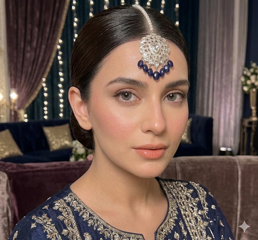 Royal Blue Hyderabadi Jadau Tikka sterling silver plated | Kundan Bridal Forehead Jewelry | Pakistani Wedding Matha Patti Accessory