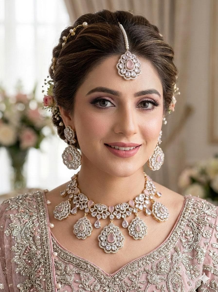 Pink Kundan Bridal Set | Pakistani Wedding Jewelry Set | Necklace Earrings Tikka Set | Indian Bridal Jewelry | Indian Wedding Jewelry