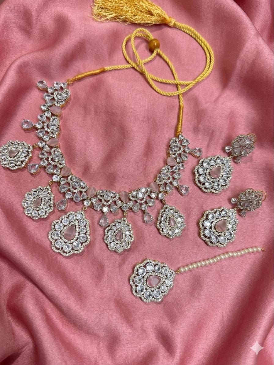 Pink Kundan Bridal Set | Pakistani Wedding Jewelry Set | Necklace Earrings Tikka Set | Indian Bridal Jewelry | Indian Wedding Jewelry
