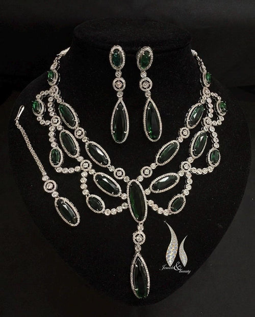 Emerald Green Bridal Jewelry Set | Luxury Silver Zircon Necklace & Earrings Set | Wedding Statement Jewelry | Indian Pakistani Bridal Set