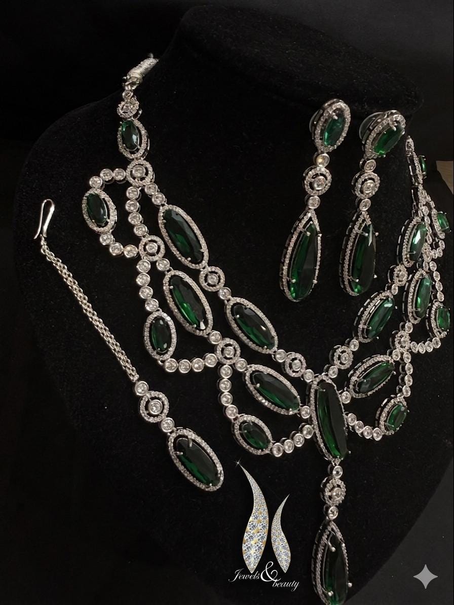 Emerald Green Bridal Jewelry Set | Luxury Silver Zircon Necklace & Earrings Set | Wedding Statement Jewelry | Indian Pakistani Bridal Set